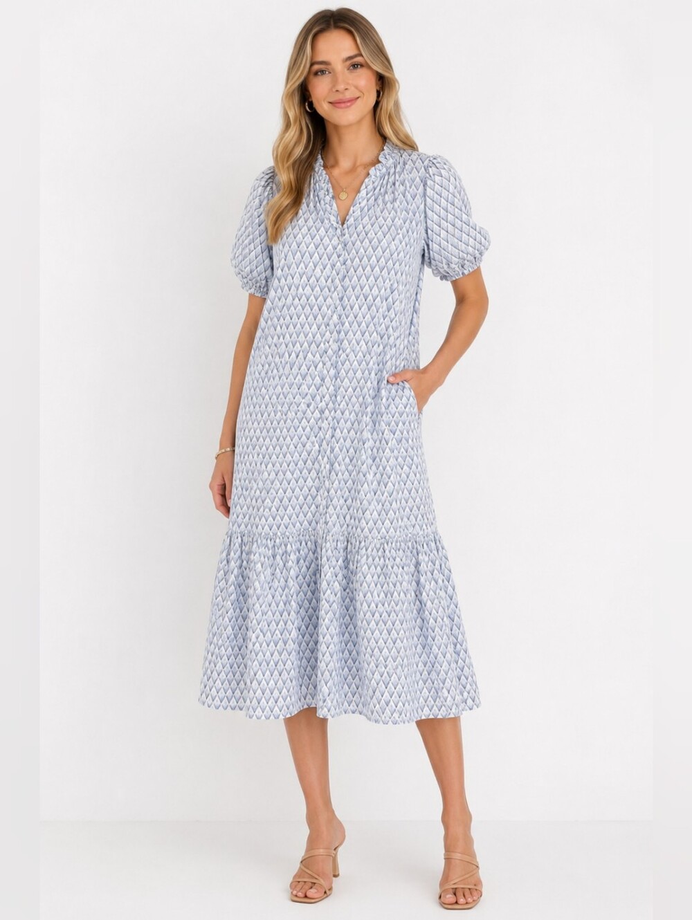 Block Print Style Midi Blue Dress Short Sleeves Unbranded